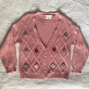 Huntington Ridge Hand Knit V-neck Pink Cardigan Sweater Flowers Cottage Sz M